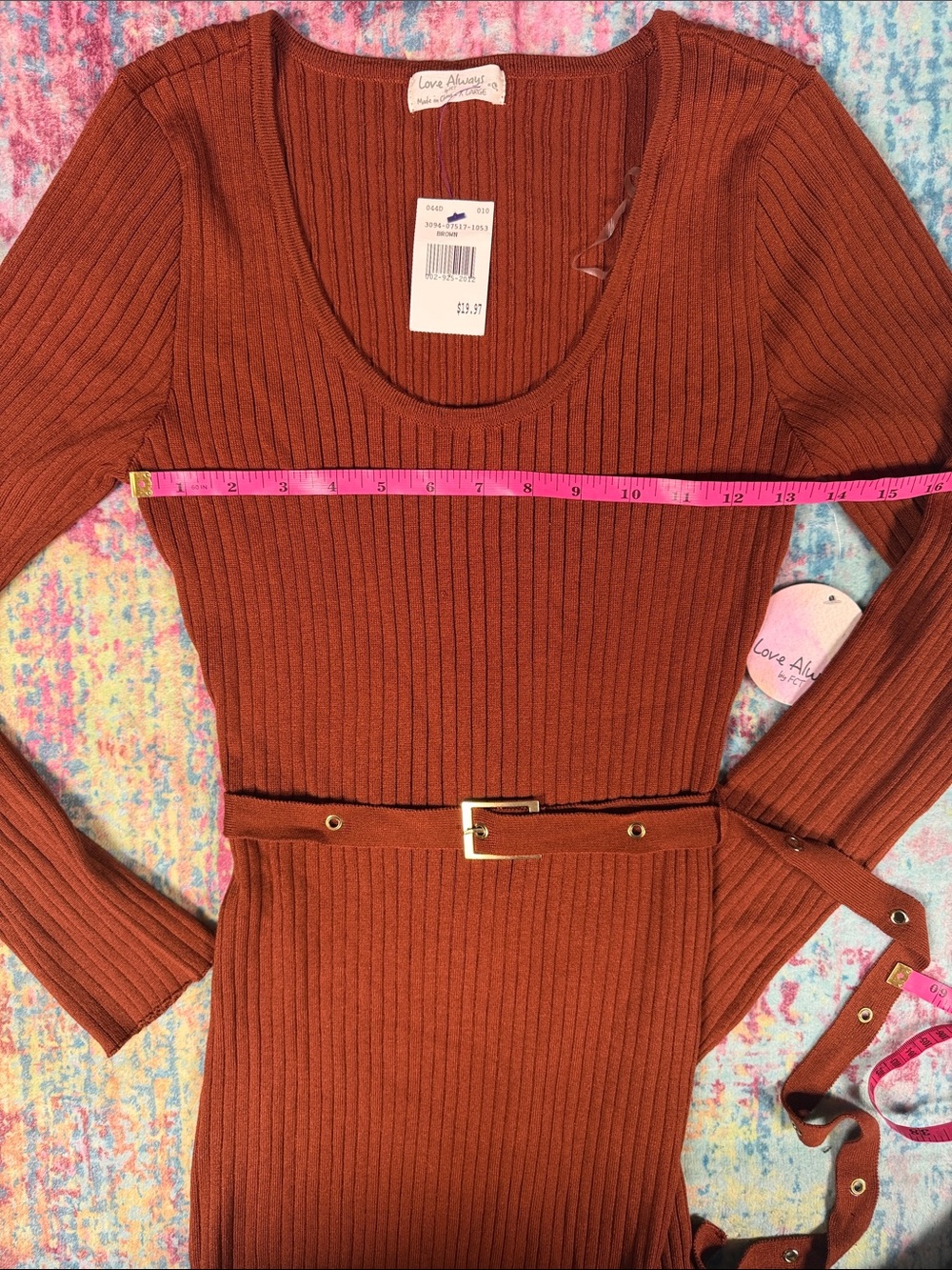 Love Tree Rust Ribbed Long-Sleeve Belted Dress - Picture 3 of 7